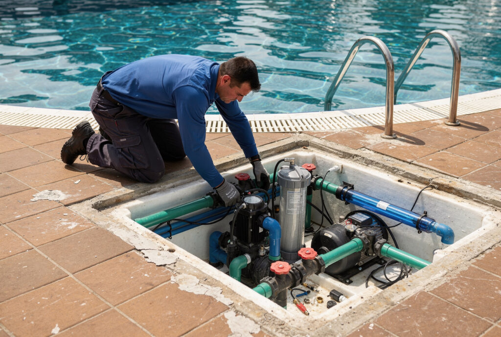 Technician installing pool equipment and pump system